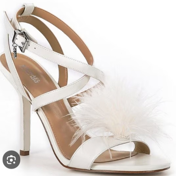 Michael Kors WHITBY FEATHER TRIM LEATHER SANDAL Optic White 7 NEW - Picture 4 of 16
